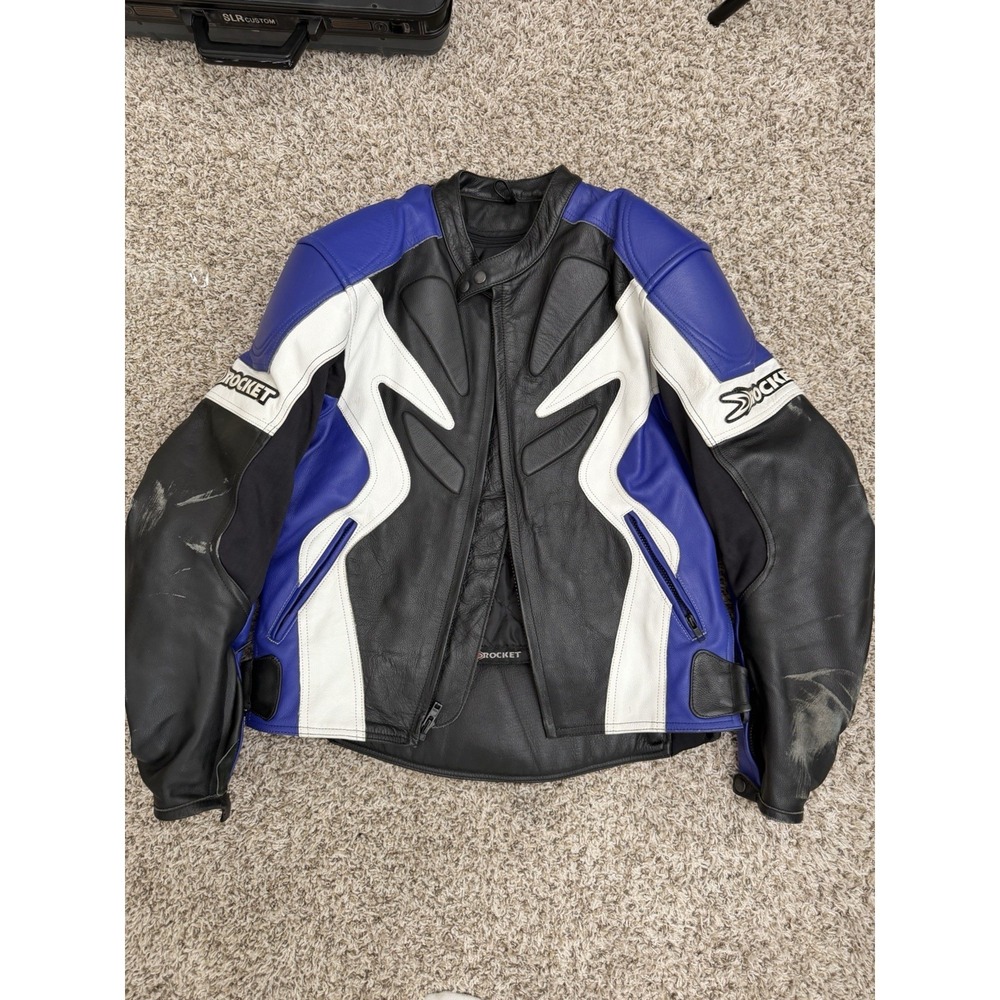 Joe Rocket Mens Black Blue Leather Motorcycle Jacket 44/54 Heavyweight Padded